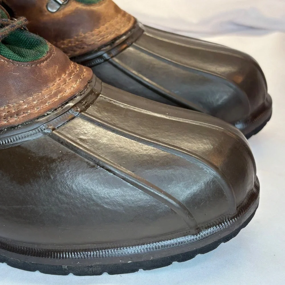 VTG LL Bean Duck Boots Mens 11‎ Leather Green Canvas Waterproof Rain Snow Boot